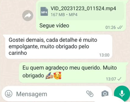 Mensagem de cliente: Gostei demais, cada detalhe é muito empolgante, muito obrigado pelo carinho.
